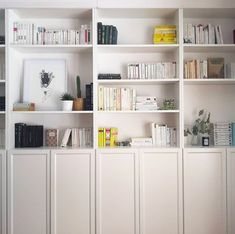 a white book shelf filled with lots of books