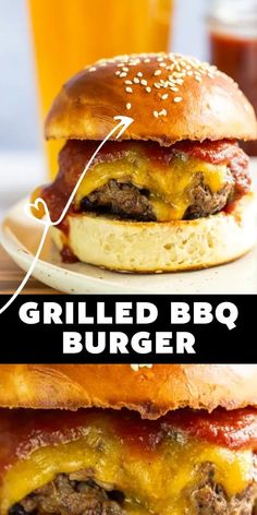 two cheeseburgers stacked on top of each other with the words grilled bbq burger