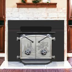 an old fashioned stove is shown in front of a fireplace with wood paneling on the mantle