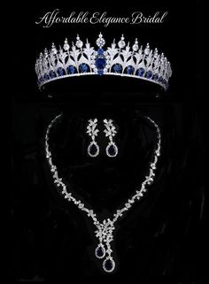 the tiara and earrings are on display in front of a black background with white lettering