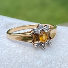 Genuine Yellow Topaz Center Stone With 6 Genuine Diamond Accents Set In 10k Yellow Gold Ring. Size 7. Vintage. In Great Condition. Has A Few Minor Surface Scratches As Shown In Photos.