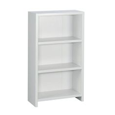 a white bookcase with three shelves on each side and one door open to reveal the bottom shelf