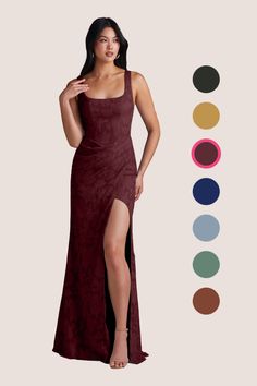 a woman in a long dress standing next to color swatches and the image shows her legs