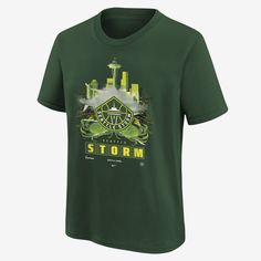 Let your Seattle Storm pride take front and center in this WNBA T-shirt. Dropped shoulders, longer sleeves and a roomy fit through the body and hips give the Max90 tee a relaxed and casual look. Nike Team Spirit Cotton T-shirt, Nike Cotton Fan Apparel T-shirt, Nike Cotton T-shirt With Team Spirit Style, Nike Green T-shirt For Streetwear, Nike Team Spirit Graphic T-shirt, Nike Fan Apparel T-shirt For Streetwear, Nike T-shirt With Graphic Print For Team Spirit, Nike Green Graphic Print T-shirt, Green Short Sleeve Team Spirit T-shirt