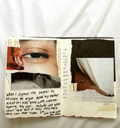 an open book with pictures and words on it's pages, including the eye