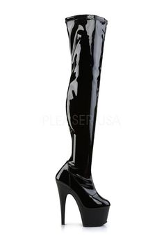 7" (17.8cm) Stiletto Heel 2 3/4" (7cm) Platform Plain Stretch Platform Thigh Boot & Full Inner Side Zipper - Fit Guide: True to Size - Heel Specifications: 7" Heel & 2 3/4" Platform - Country of Origin: Imported Fitted High Ankle Platform Boots With 4-inch Heel, Fitted Thigh High Patent Leather Boots, Black High-top Heeled Boots In Polyurethane, Black High-top Heeled Boots, Black High Cut Heeled Boots With Reinforced Heel, Fitted High Ankle Synthetic Heels, Tall Black High Heeled Boots, Fitted High Ankle Synthetic Heeled Boots, Fitted Platform Boots In Polyurethane