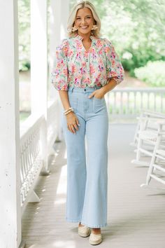 This floral blouse is so pretty and feminine! We are loving that floral print in those hues! This blouse is going to be a great option for work or weekends! V-neckline 3/4 bubble sleeves Floral print Babydoll cut No stretch Payton is wearing the small. Business Shirts For Women, Classic Girly Style, Texas Mom Style, Old Money Blouse, Spring Bright Outfits, Grand Millennial Style Clothes, Southern Business Casual, Classy Tops For Women, Light Summer Capsule Wardrobe