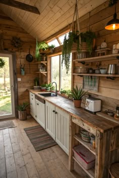 a kitchen with wooden walls and flooring has plants hanging from the ceiling over the sink