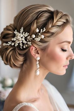 a woman wearing a wedding hair comb with pearls