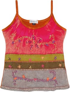 A stonewashed cotton tank top with floral embroidery work that reminds one of a beautiful crimson pink french garden, this top is perfect for the spring and summertime.  The sleeveless look is ideal for the weather and the round neck keeps one comfy. #tlb #Sleeveless #Stonewash #Embroidered #vacationclothing #bohemianfashion #Handmade #bohotanktop #summerhippietanktop #cottontanktop Summer Cotton Embroidered Tank Top, Summer Embroidered Cotton Tank Top, Bohemian Tank Top With Floral Embroidery, Embroidered Cotton Sleeveless Tank Top, Casual Floral Embroidery Tank Top, Bohemian Sleeveless Tank Top With Floral Embroidery, Pink Cotton Tank Top For Spring, Spring Pink Cotton Tank Top, Embroidered Tank Top For Summer