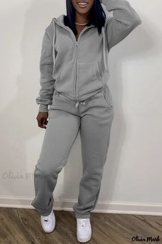 Olivia Mark - Womens Black Hooded Collar Two-Piece Set - Long Sleeve, Solid Color - Casual Styling Sweats Outfits, Grey Two Piece, Red Two Piece, Plain Hoodies, Black Two Piece, Two Piece Pants Set, Drawstring Top, Jogging Suit, Teenage Fashion