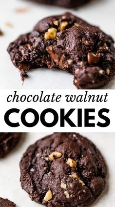 chocolate walnut cookies are cut in half and stacked on top of each other with the words, chocolate walnut cookies