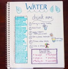 a notebook with some notes about water and things to drink in it on top of a wooden table