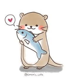 an otter holding a fish with a heart on it's back and the caption i love you