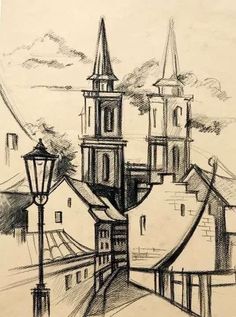 a drawing of a church with a clock tower in the background and street lights on either side