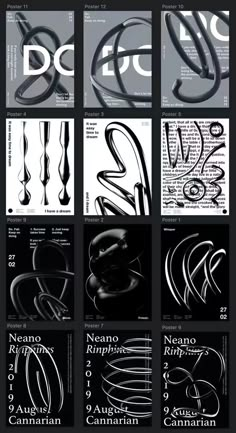 several black and white posters with different designs