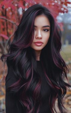 Color For Long Hair Brunettes, Jet Black Hair Color Ideas Pale Skin, Dark Hair Vivid Colors, Dark Fashion Colors Hair, Hair Colours For Dark Hair, Purple Balayage Hair Brunettes, Haircolour Ideas Color Trends, Dark Hair With Pops Of Color, Trending Hair Colors 2024