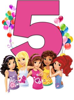 a birthday card with the number five girls and balloons