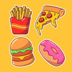 some food stickers are on a yellow background and one has a donut, pizza, and french fries