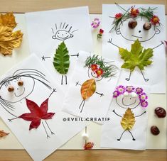 four children's drawings with leaves and acorns on them are displayed next to each other