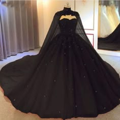 Long Sweet 16 Dresses, Dark Masquerade, Gaun Koktail, Black Wedding Gowns, Black Ball Gown, Cape Wedding Dress, Gothic Wedding Dress, Royal Blue Prom Dresses, Tulle Ball Gown