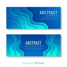 two abstract banners with wavy shapes on blue and green background, one has the word abstract banner