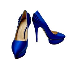 Charlotte Olympia Women's Paloma Blue Silk Satin Platform Pumps With Box Features Include Classic Almond Toe Sits Atop 1 1/4" Silk Covered Island Platform. 5 3/4" Covered Heel; 4 1/2" Equivalent. "Dolly" Is Made In Italy. 100% Authentic/See Tags Attached. Comes With Matching Tights. Size Us: 5.5 / Size Eu: 36 New Retail: $975.00 Hassle-Free No Cost Returns Shop With Confidence Trusted Seller, Selling Fashion For Over 25 Years Croc Platforms, Red Shoes Heels, Gold Stiletto Heels, Gold Stilettos, Charlotte Olympia Shoes, Embellished Heels, Black Platform Heels, Platform Wedge Heels, Red Pumps