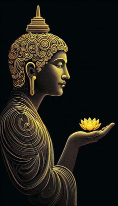 a woman holding a yellow flower in her hand with an intricate design on the side