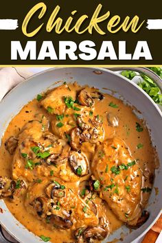 chicken marsala with mushrooms and parsley in a white bowl