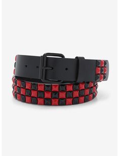 Red And Black Fingerless Gloves, Red Studded Belt, Hot Topic Belts, Hot Topic Belt, Black And Red Accessories, Stud Belts, Black And Red Clothes, Emo Belts, Alt Belt