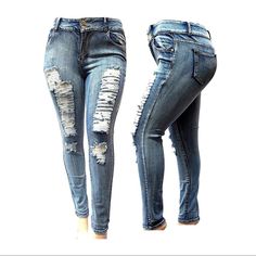 These Premium Denim Distressed Jeans Pants Are Comfortable And Amazingly Versatile. Fabric- 76% Cotton 22% Polyester 2% Spandex Stretch Machine Wash In Cool Water. Tumble Dry Low. Do Not Bleach Hand Measurement- 14= Waist=35.5'' Inseam=31'' Hips=39.5' -16= Waist=36.5'' Inseam=31'' Hips=39.5' -18= Waist=38'' Inseam=31'' Hips=40''-20= Waist=39.5'' Inseam=31'' Hips=42''-22= Waist=40.5'' Inseam=31'' Hips=44'' 24= Waist=42'' Inseam=31'' Hips=50'',,,,,,,,Super Plus Size Measurement- 26= Waist=48'' Ins High Rise Ripped Denim Jeans, Casual Ripped Denim Jeans, Trendy Ripped Denim Jeans, High Rise Ripped Denim Bottoms, Ripped High Rise Denim Bottoms, Ripped Denim Straight Leg Bottoms, Stretch Ripped Washed Blue Jeans, Ripped Washed Blue Cutoff Jeans, Denim Blue Ripped Mid-rise Jeans