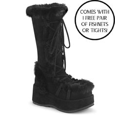 Demonia Cub311/Bvs Black Vegan Suede 2 3/4" (70mm) Platform Lace-Up Mid-Calf Boot Featuring Faux Fur Trim Detail, Full Inner Side Zip Closure Free Shipping And Brand New In Box If You Don't See Your Size, Please Leave A Comment Similar To Camel-311 Cam311 Cam311/B/Sue But Without The Heel Perfect For A Festival Set, Rave Outfit, Goth Boots Style, Dollskill Shoes, Cosplay Costumes, With Punk Clothing, Hot Topic Lovers And More #Nwt #Y2k #Summer #Alternative #Emo Cubby 311 Outfit, Demonia Cubby 311, Demonia Collection, Rave Outfit Ideas, Naked Wolfe, Demonia Shoes, Light Up Shoes, Rave Outfit, Corsets And Bustiers