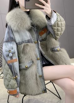 Beige Fox collar Denim Patchwork Button Down Coats Winter – Omychic Long Denim Skirt, Denim Patchwork, Duck Down, Down Coat, Mode Inspiration, Winter Casual, Faux Fur Coat, Ponchos, Winter Coat