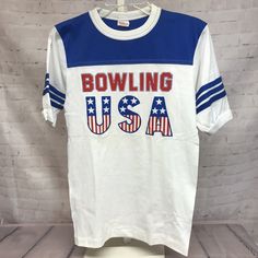 Vtg USA Bowling T-Shirt Patriotic Single Stitch Red White Blue Ball Pin Strike Bowling T Shirts, Baby Tee Shirts, Blue Ball, Umgee Tops, Vintage Usa, Womens Long Sleeve Shirts, Long Sleeve Knit Tops, Half Zip Pullover, Crew Sweatshirts