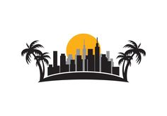 a city skyline with palm trees and the sun in the background, on a white background