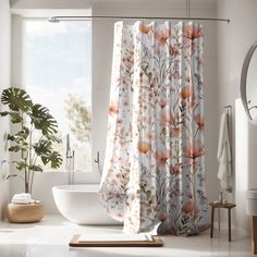 a bath room with a tub and a shower curtain