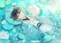 an anime character is floating in the water with a cat on his shoulder and lily pads around him