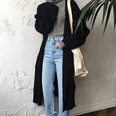 Long Cardigan Korean Fashion Ulzzang, Mode Ulzzang, Korean Fashion Ideas, Women Long Cardigan, Long Knit Sweater, Korean Fashion Outfits, K Fashion, Korean Fashion Casual, Retro Mode