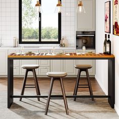 two stools are sitting at the kitchen table