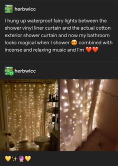 the bathroom is decorated with fairy lights