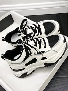 Women's Thick Sole Chunky Sneakers, Increase Height 2-4cm, New 2024 Versatile Casual Soft Bottom Breathable Sports Sneakers Black and White         Women Shoes, size features are:Bust: ,Length: ,Sleeve Length: Shoes For Women Black And White, Cute Black And White Shoes, Cute Shoes For Women Sneakers, Black And White Shoes Aesthetic, Black And White Shoes Women, Black And White Sneakers Women, Tomboy Shoes, Shoes For Girls Sneakers, White And Black Shoes