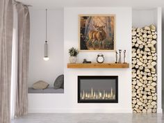 a living room filled with furniture and a fire place in front of a painting on the wall