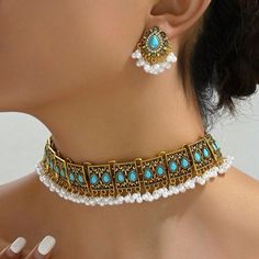 Gorgeous Greek Revival, Antebellum Style Choker Necklace And Earrings. Very Scarlet O'hara In Gone With The Wind! Done In Antique Gold Alloy With Turquoise Blue Stones, Crystals And Faux Pearls. Necklace Measures Appr. 1.25" Wide X 18" Long, Can Be Adjusted Shoter. Earrings Are 1.25" Long. Boutique Packaging Includes Storage Bag New To Poshmark? Use Code Emmiesbling For $10 Off Your Purchase When You Open A New Account. Check Out My Other Listings If You Like Boho Hippie 60’s 70’s 80’s 90’s Y2k Light Blue Bohemian Dangle Jewelry, Vintage Blue Choker Jewelry, Blue Bohemian Choker Jewelry, Bohemian Blue Choker Jewelry, Bohemian Light Blue Jewelry For Festivals, Blue Bohemian Choker, Bohemian Blue Choker, Blue Choker Jewelry For Festive Occasions, Blue Festive Jewelry Choker