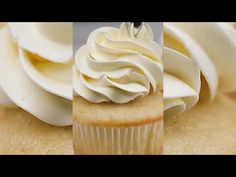 three pictures of cupcakes with white frosting on them