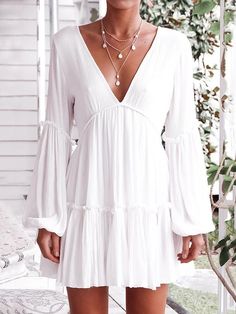 White Solid Deep V-neck Light Bohemia Mini Dresses Chiffon Beach Dress, Long Sleeve Ruffle Dress, Beach Mini Dress, Lantern Sleeve Dress, Mini Dresses Online, Elegante Casual, Chic Woman, Long Sleeve Mini Dress, Latest Fashion For Women