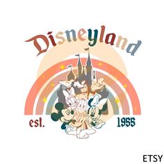 the disneyland logo is shown with mickey mouse and other disney characters in front of it