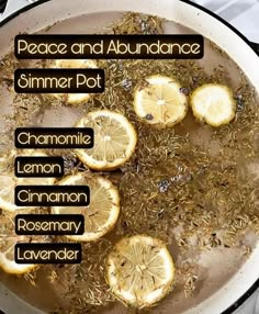 lemons and herbs are cooking in a pan on the stove top with words above it