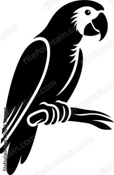 a black and white silhouette of a parrot sitting on a branch with its beak open