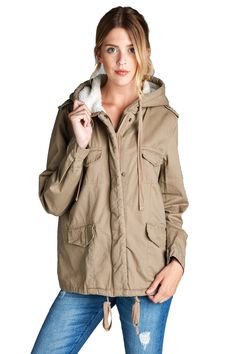 Faux Fur-Lined Contrast Anorak Parka Jacket in Khaki Anorak Jacket Outfit, Utility Fashion, Faux Fur Hoodie, Parka Style, Fur Hoodie, Anorak Jacket, Jacket Outfit, Plus Size Leggings, Leggings Design