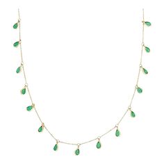 Emerald Necklace in 18K Gold studded with pear cut emerald pieces. This is a great bridesmaid, wedding or christmas gift for anyone on your list. Accessorize your look with this elegant emerald drop necklace. This stunning piece of jewelry instantly elevates a casual look or dressy outfit. Comfortable and easy to wear, it is just as exquisite worn alone or layered with other charms for a modern fashion statement.  PRODUCT DETAILS :-  Material - 18K Yellow Gold Gemstone - Emerald  Gemstone Weight - 1.97 ct Gemstone pieces - 15  Gemstone size - 4 x 3 mm Gemstone shape - Pear  Length - 16 inch  Gross Weight - 2.82 Grams Setting - Bezel Green Briolette Emerald Necklace For Formal Occasions, Green Drop Necklace For May Birthstone, Green Drop Emerald Necklace For May Birthstone, Gold Drop Emerald Necklace For May Birthstone, Emerald Drop Necklace For May Birthstone, May Birthstone Emerald Drop Necklace, Green Emerald Drop Necklace, Green Drop Necklaces In Fine Jewelry Style, Emerald Necklace With 17 Jewels For Celebration